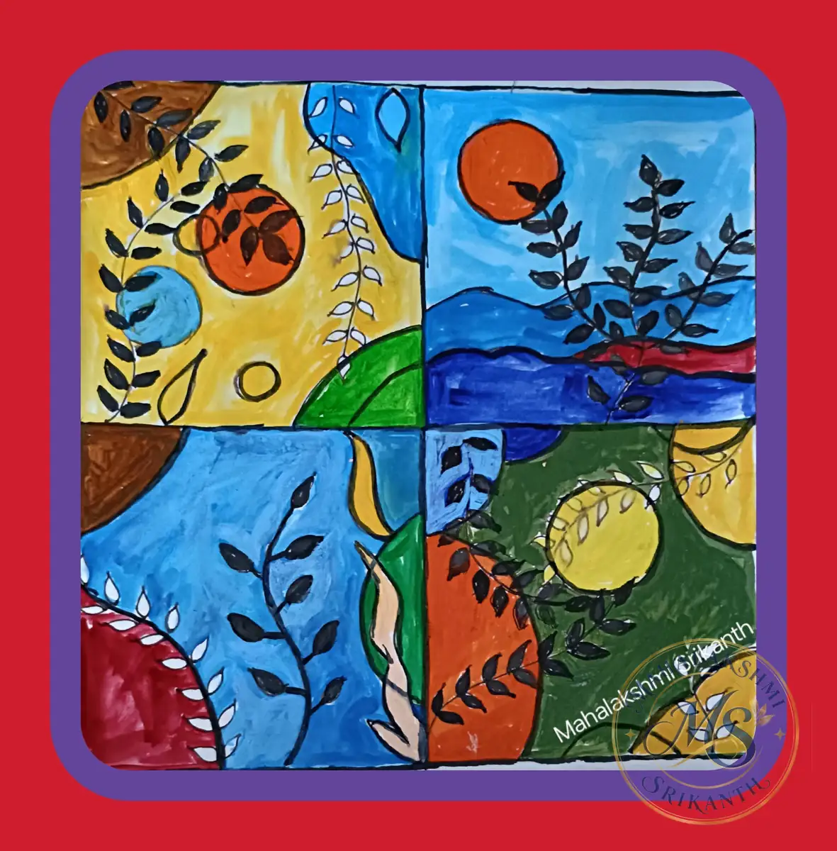 Abstract Leaves And Suns Four Panels — painting by Mahalakshmi Srikanth