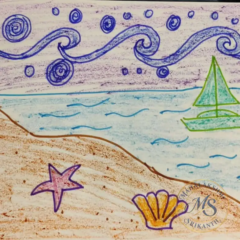 Beach With Sailboat And Starfish — drawing by Mahalakshmi Srikanth