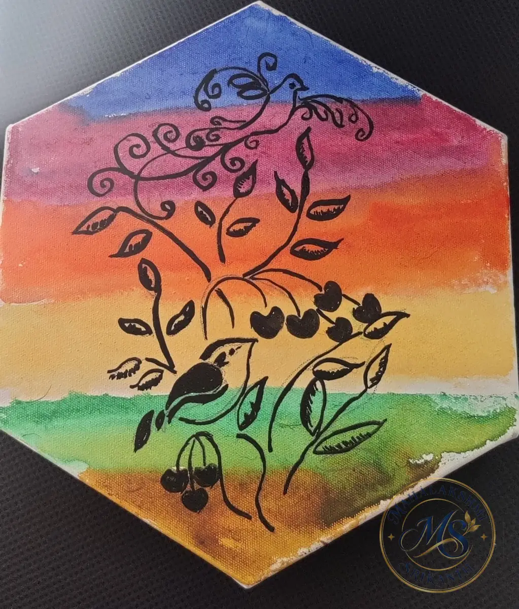 Bird And Branches On Hexagon Tile — painting by Mahalakshmi Srikanth