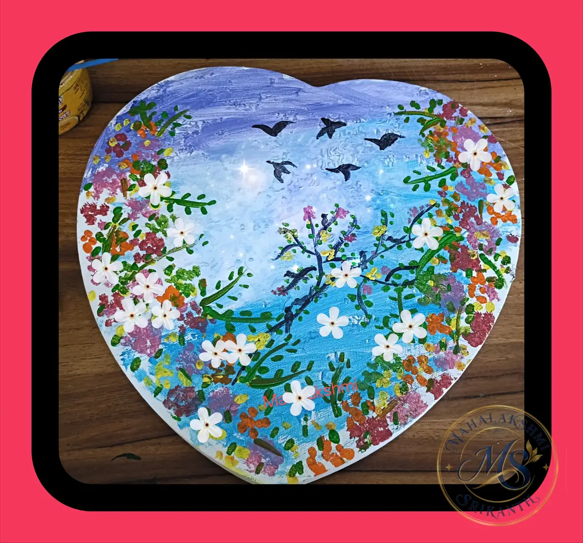 Birds And Blossoms Heart Canvas — painting by Mahalakshmi Srikanth
