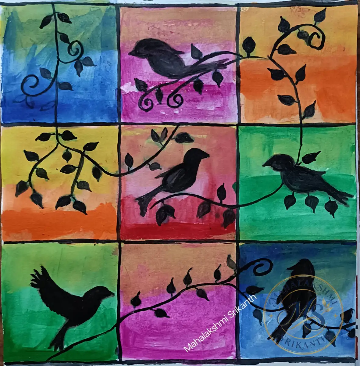 Birds On Branches Nine Panels — painting by Mahalakshmi Srikanth