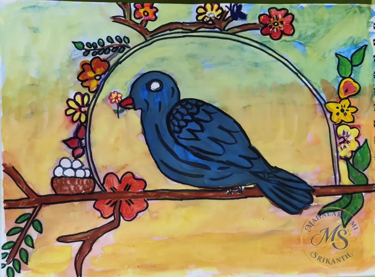 Blue Bird On Flowering Branch — painting by Mahalakshmi Srikanth