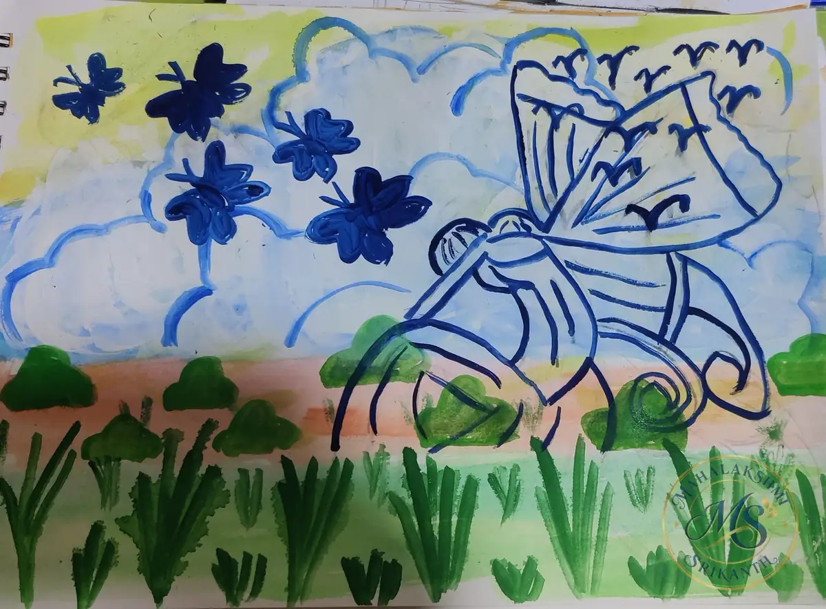 Blue Butterflies And Grass — painting by Mahalakshmi Srikanth