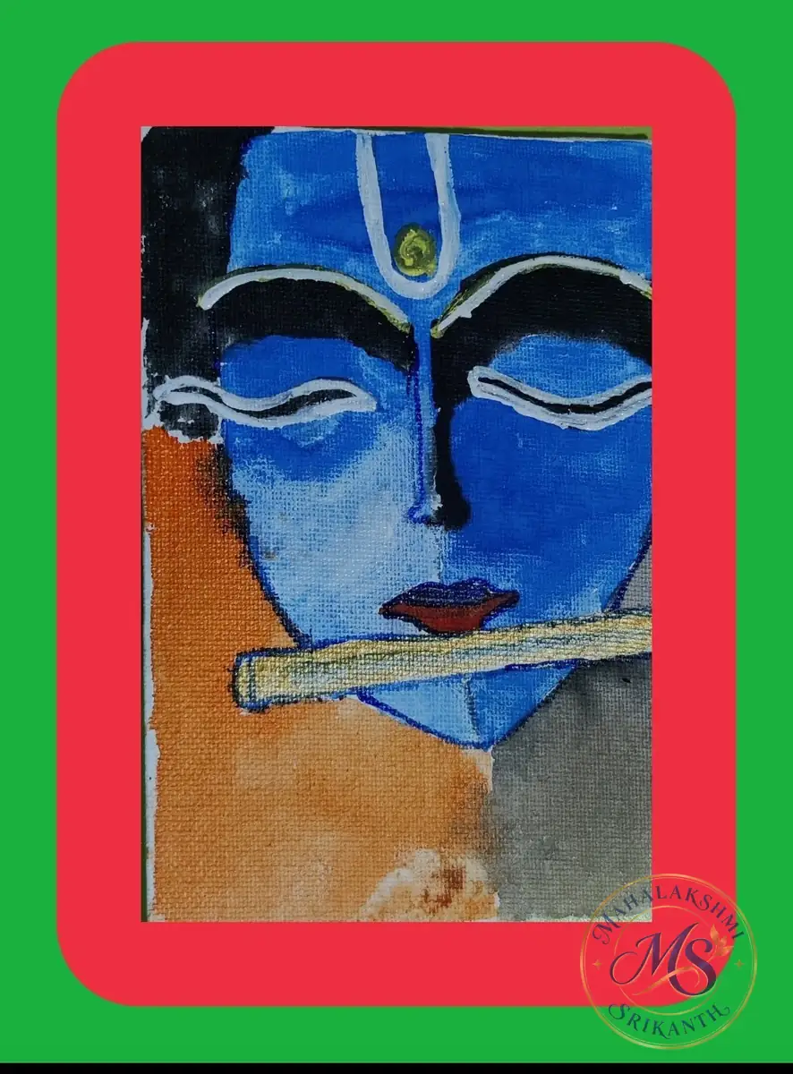 Blue Krishna Face with Flute — painting by Mahalakshmi Srikanth