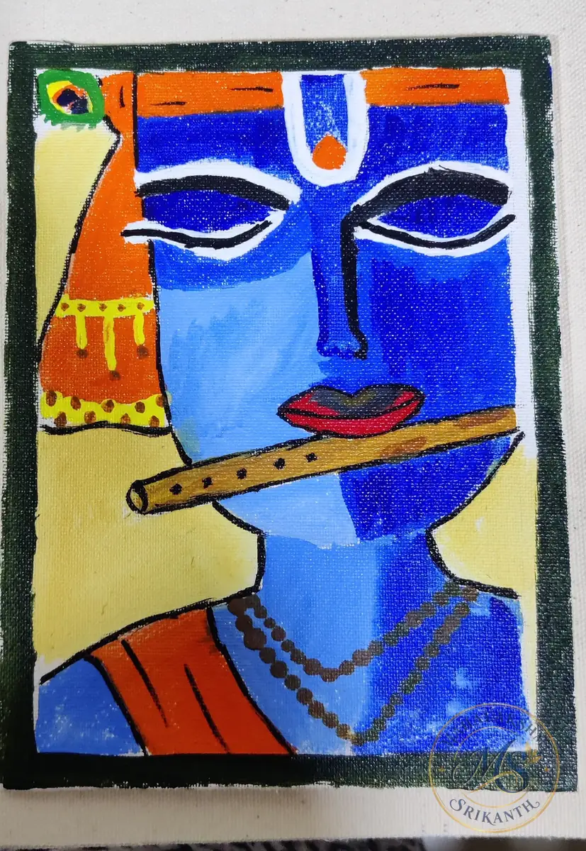 Blue Krishna Face With Flute — painting by Mahalakshmi Srikanth