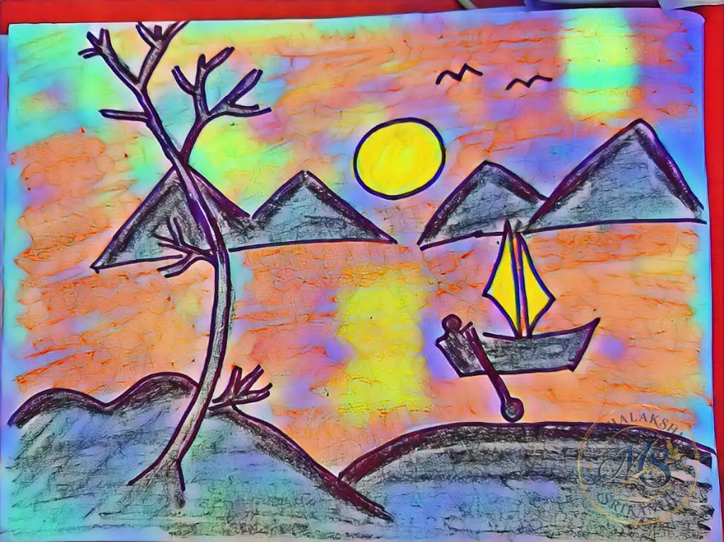 Boat And Mountains Landscape — drawing by Mahalakshmi Srikanth