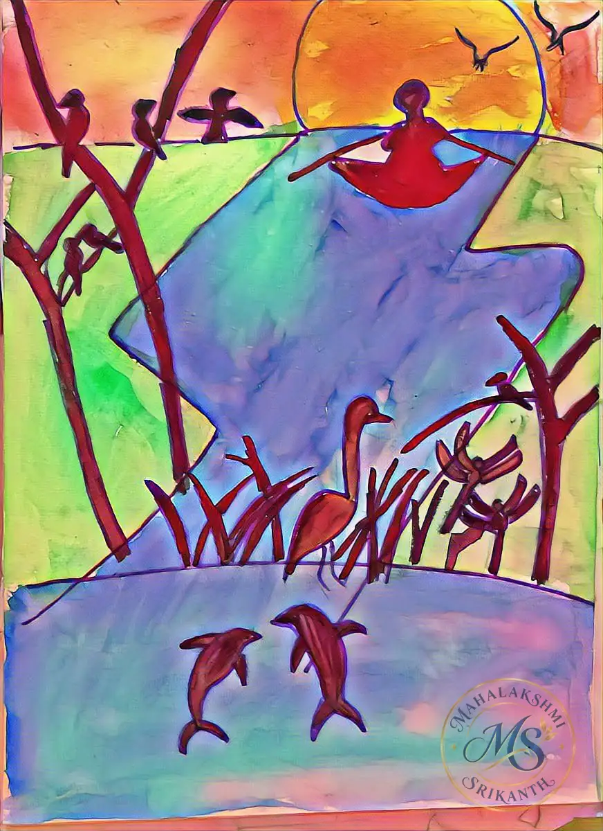 Boat Birds And Dolphins Landscape — painting by Mahalakshmi Srikanth