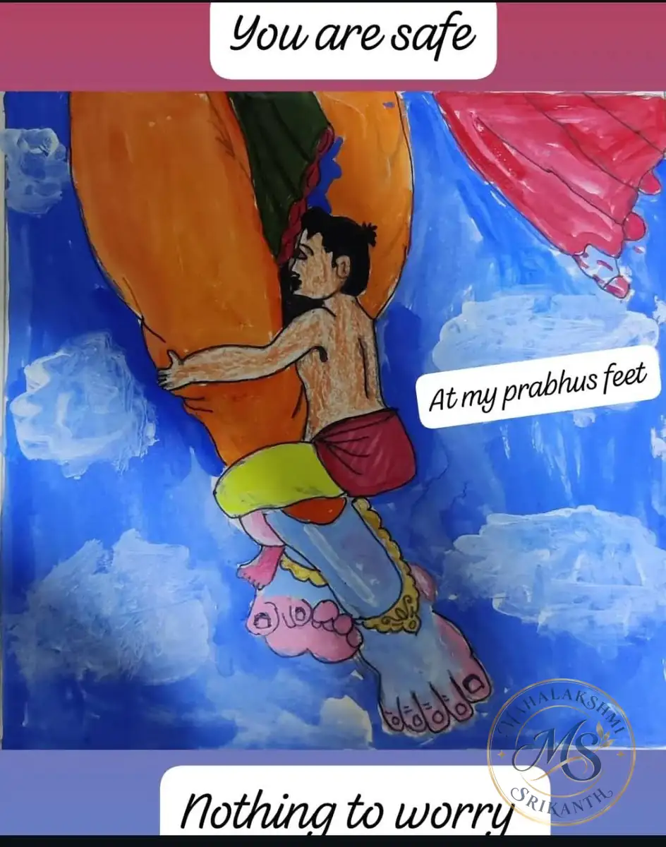 Boy Hanging on Perimal Feet — painting by Mahalakshmi Srikanth