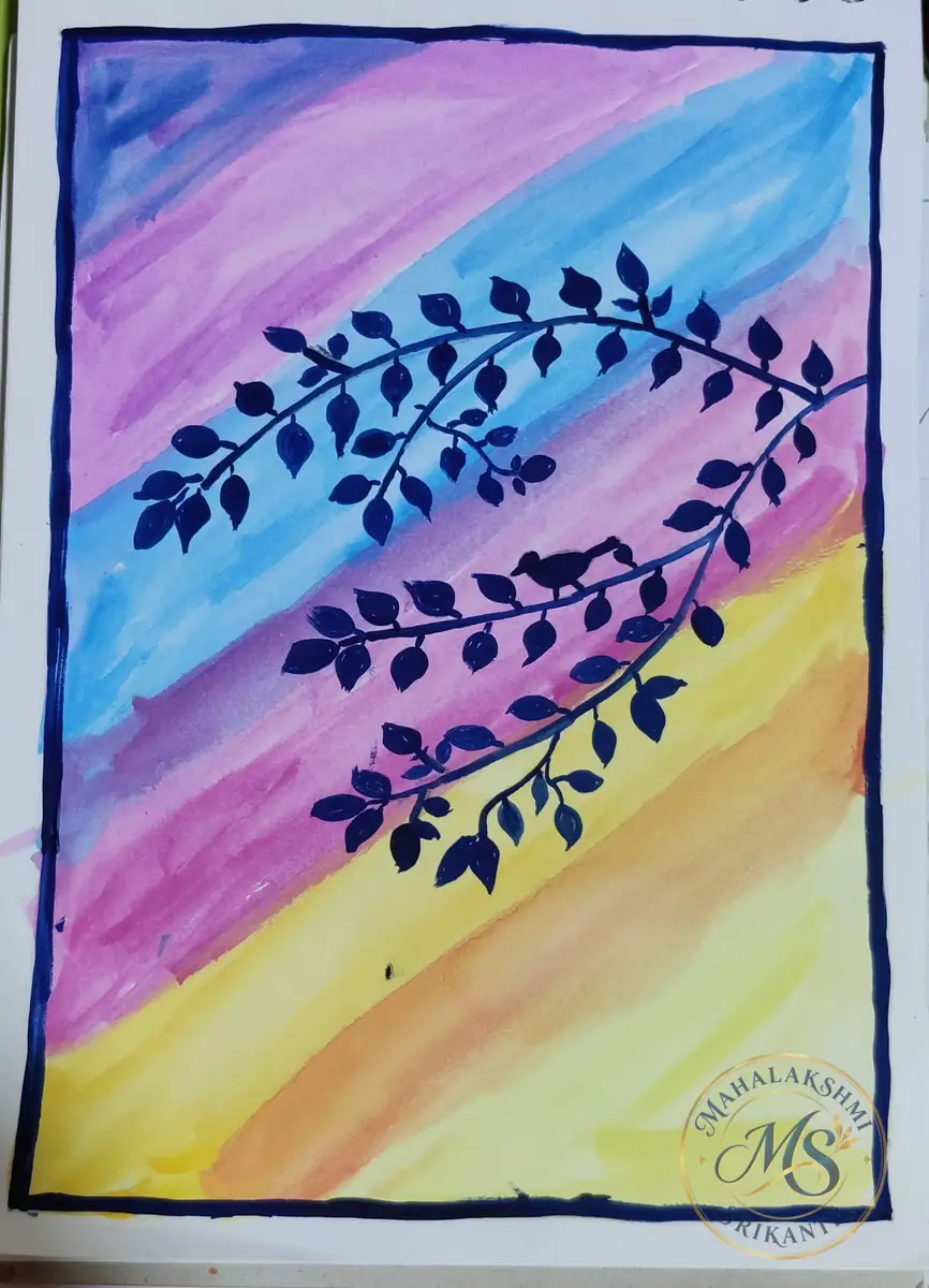 Branches And Bird On Rainbow Wash — painting by Mahalakshmi Srikanth