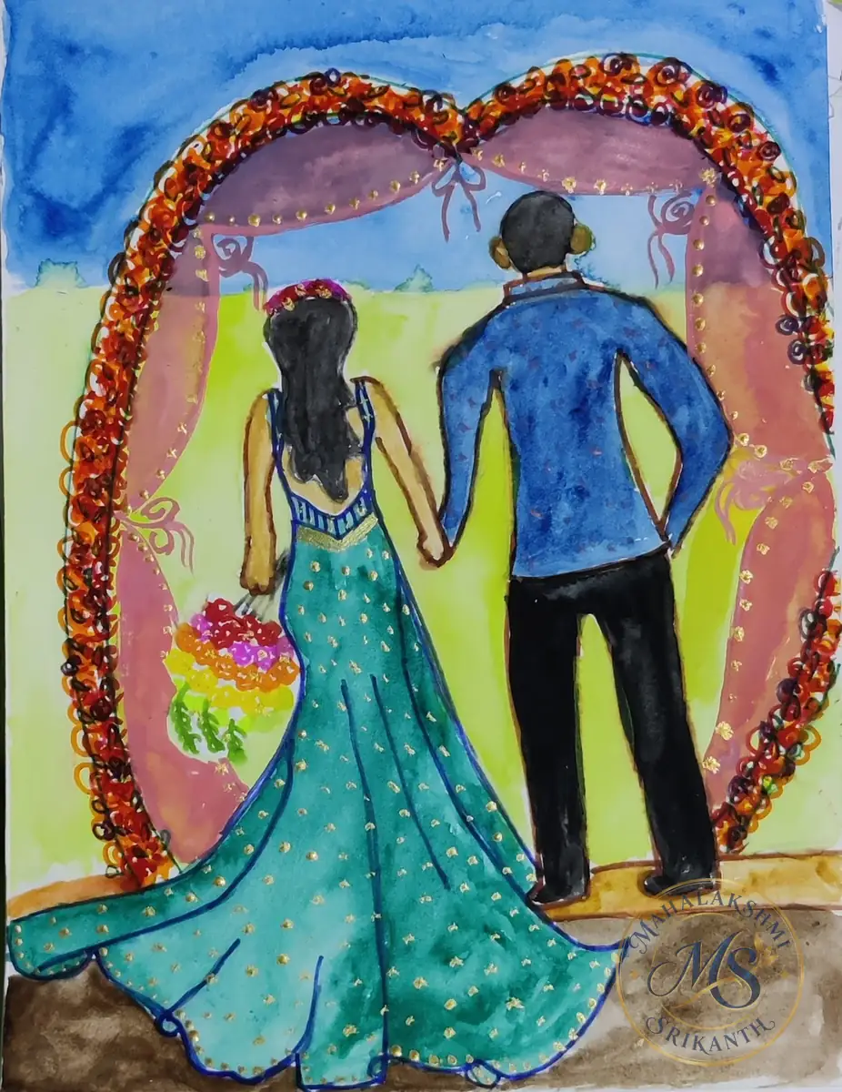 Bride And Groom Under Floral Arch — painting by Mahalakshmi Srikanth
