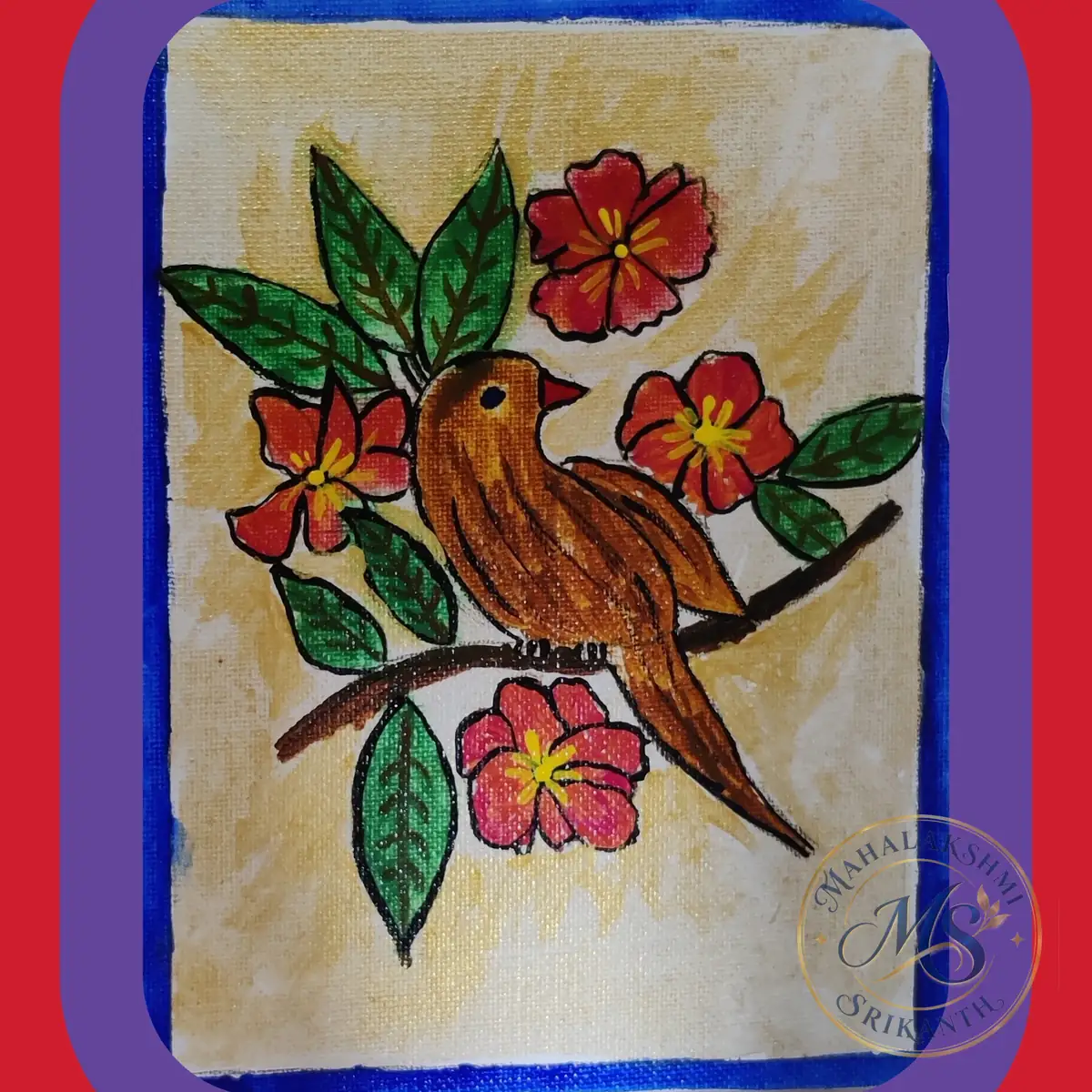 Brown Bird With Red Flowers — painting by Mahalakshmi Srikanth