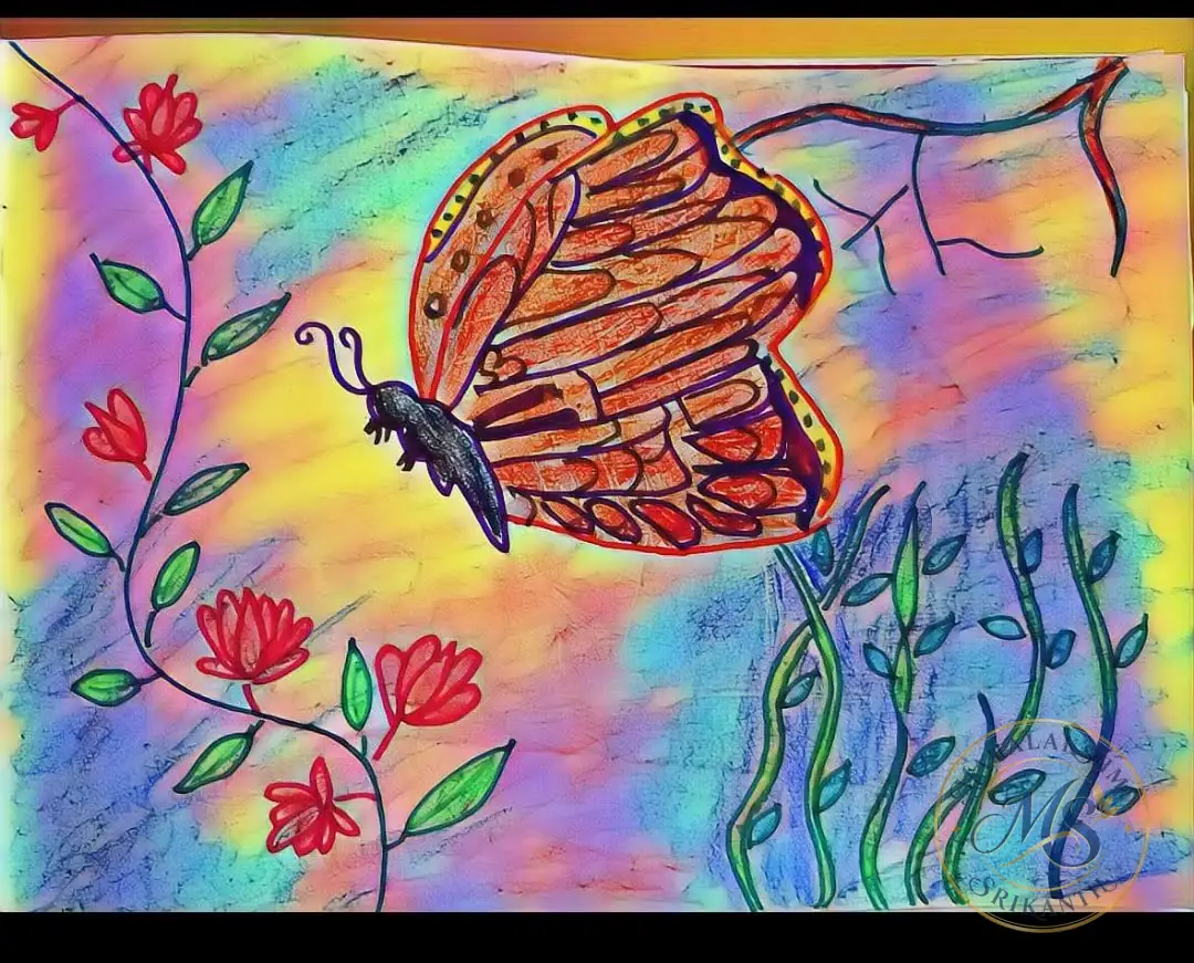 Butterfly And Red Flowers — drawing by Mahalakshmi Srikanth
