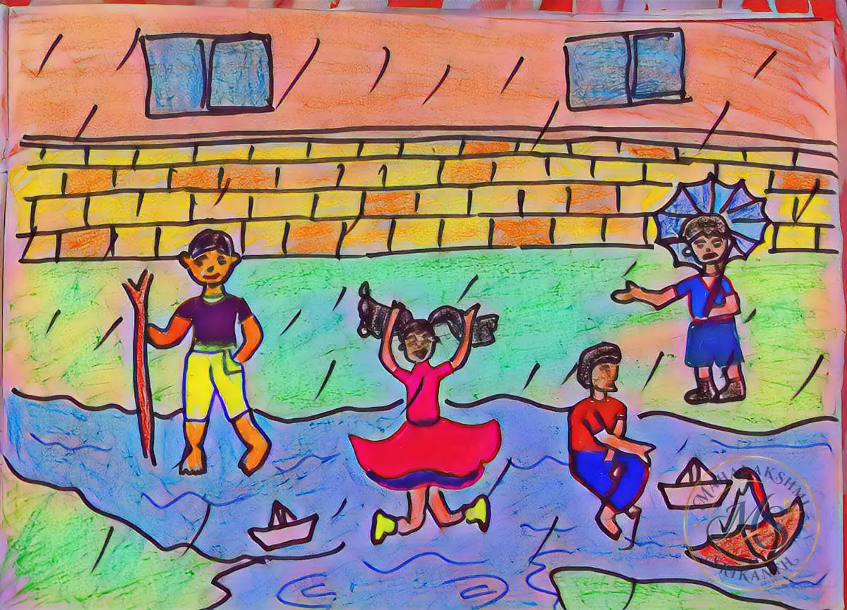 Children Playing In Rain — drawing by Mahalakshmi Srikanth