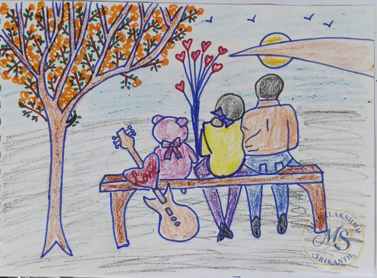 Couple And Teddy On Bench — drawing by Mahalakshmi Srikanth