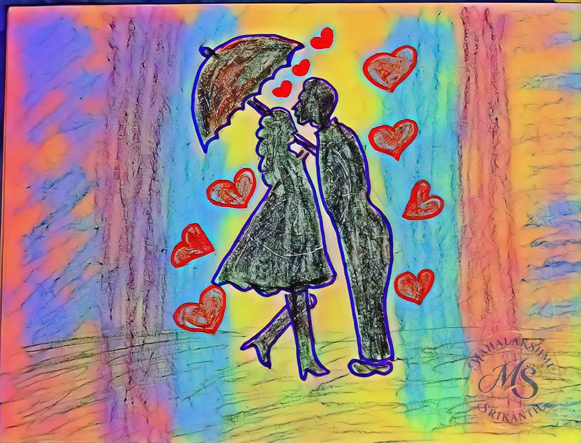 Couple Kissing Under Umbrella — drawing by Mahalakshmi Srikanth