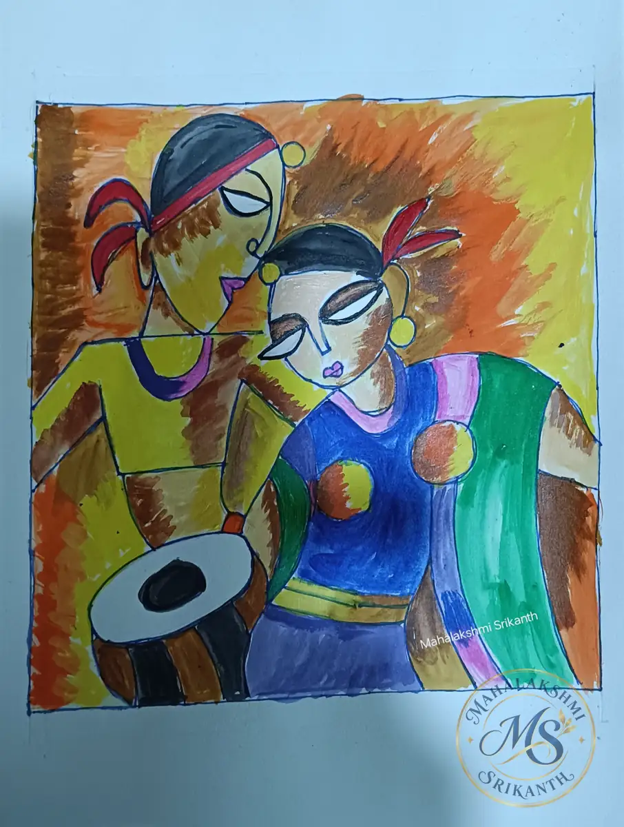 Couple With Drum Folk Painting — painting by Mahalakshmi Srikanth