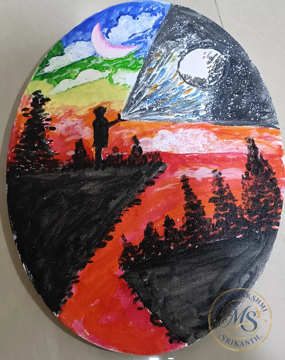Day And Night Landscape Oval Canvas — painting by Mahalakshmi Srikanth