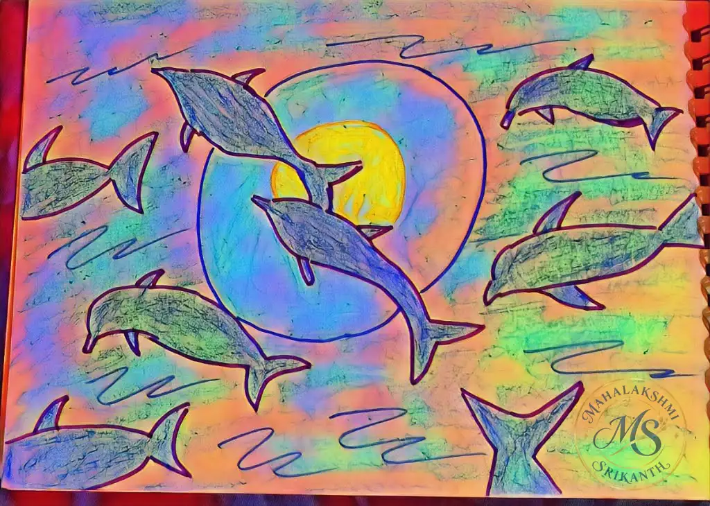 Dolphins Leaping At Sunset — drawing by Mahalakshmi Srikanth