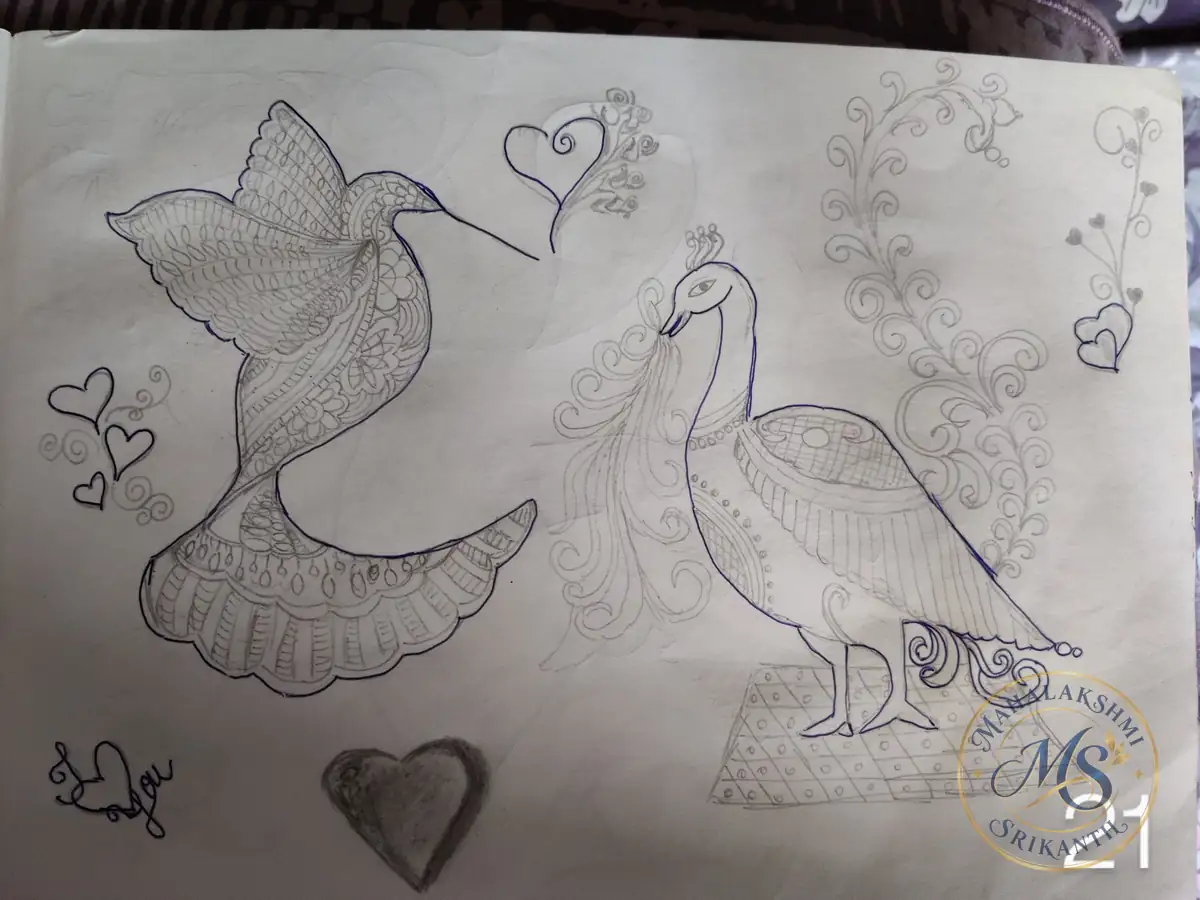 Dove And Peacock Sketch Page — drawing by Mahalakshmi Srikanth