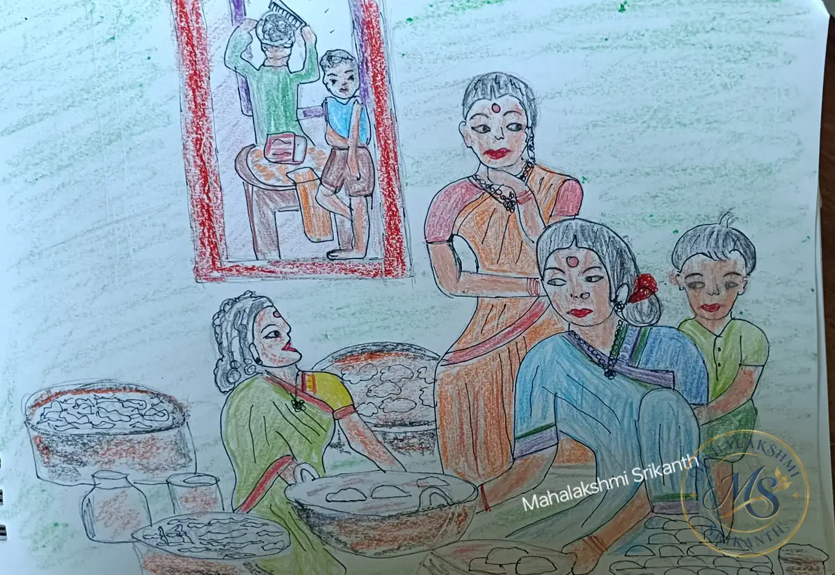 Family Kitchen Scene — drawing by Mahalakshmi Srikanth