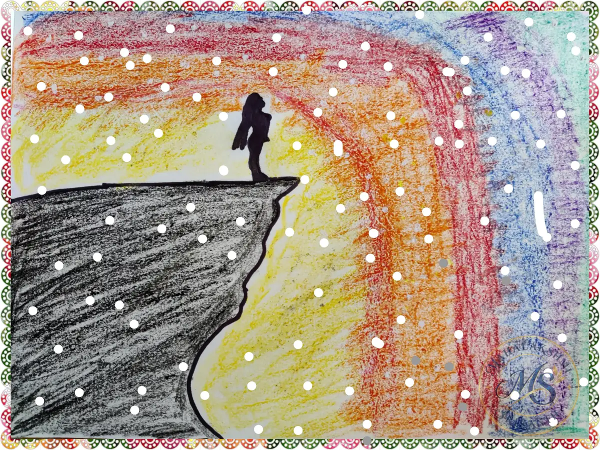 Figure On Cliff Rainbow Crayon — drawing by Mahalakshmi Srikanth