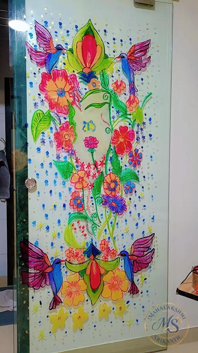 Floral Hummingbirds Painting on Glass Door — painting by Mahalakshmi Srikanth