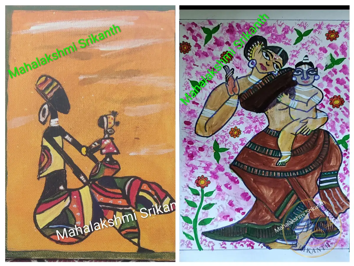 Folk Art Mother And Child Pair — painting by Mahalakshmi Srikanth
