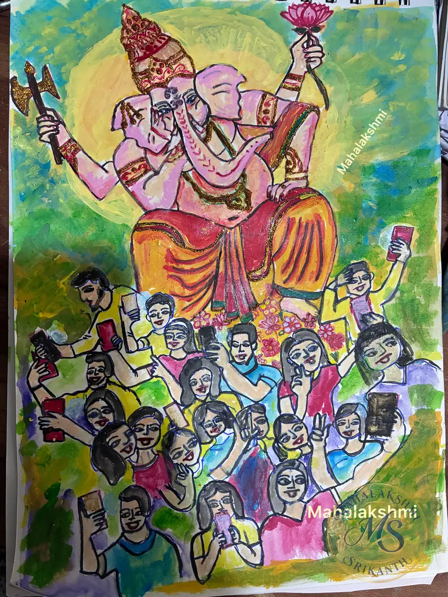 Ganesha & Social Media — painting by Mahalakshmi Srikanth