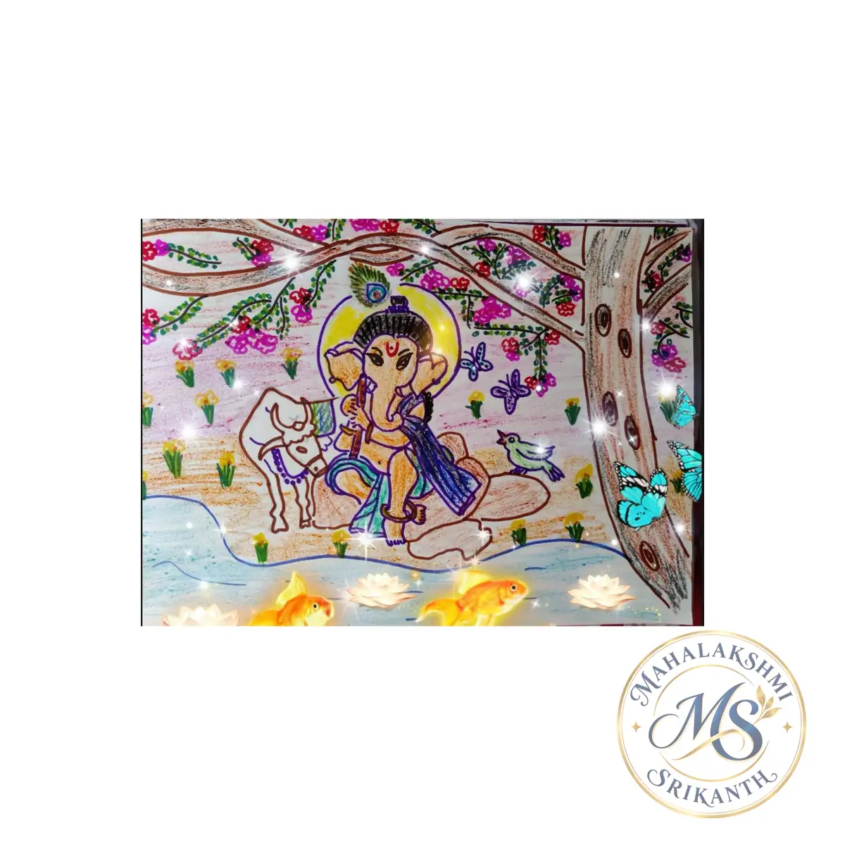 Ganesha with Cow by River — painting by Mahalakshmi Srikanth