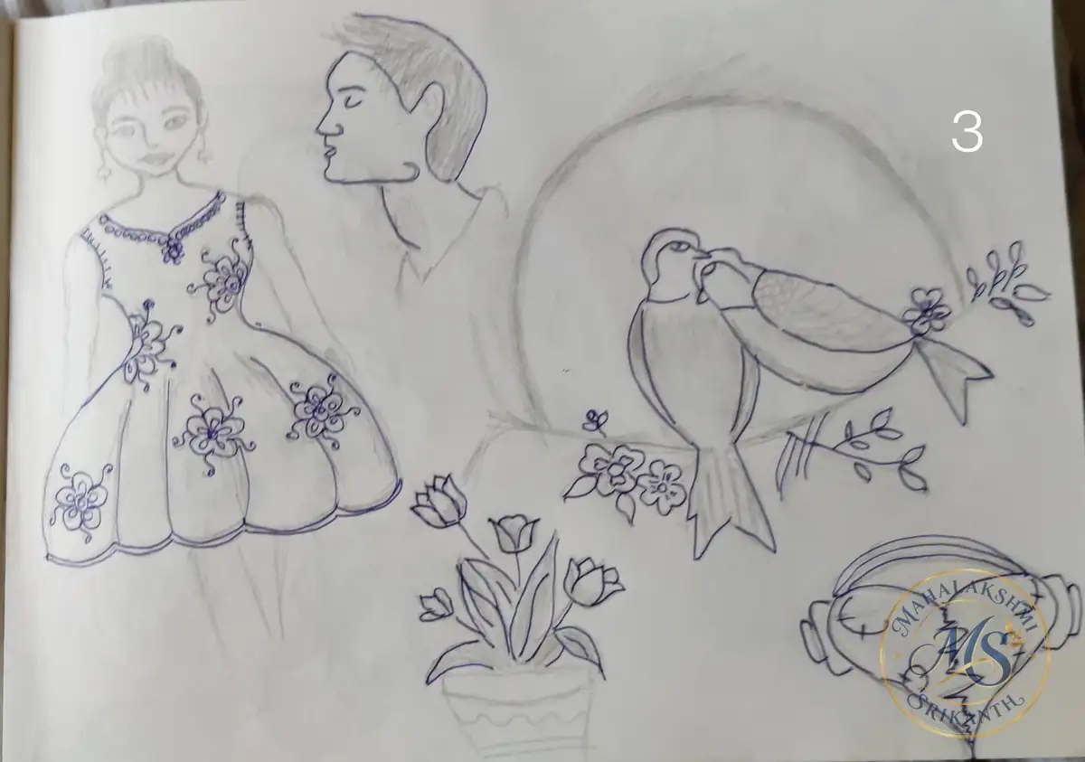 Girl And Lovebirds Sketchbook Page — drawing by Mahalakshmi Srikanth