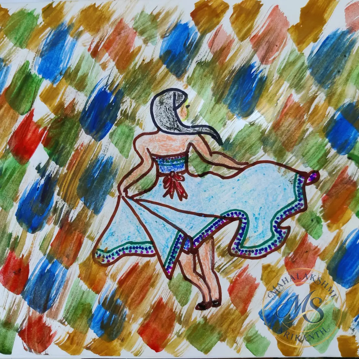 Girl In Blue Dress Brushstrokes — drawing by Mahalakshmi Srikanth