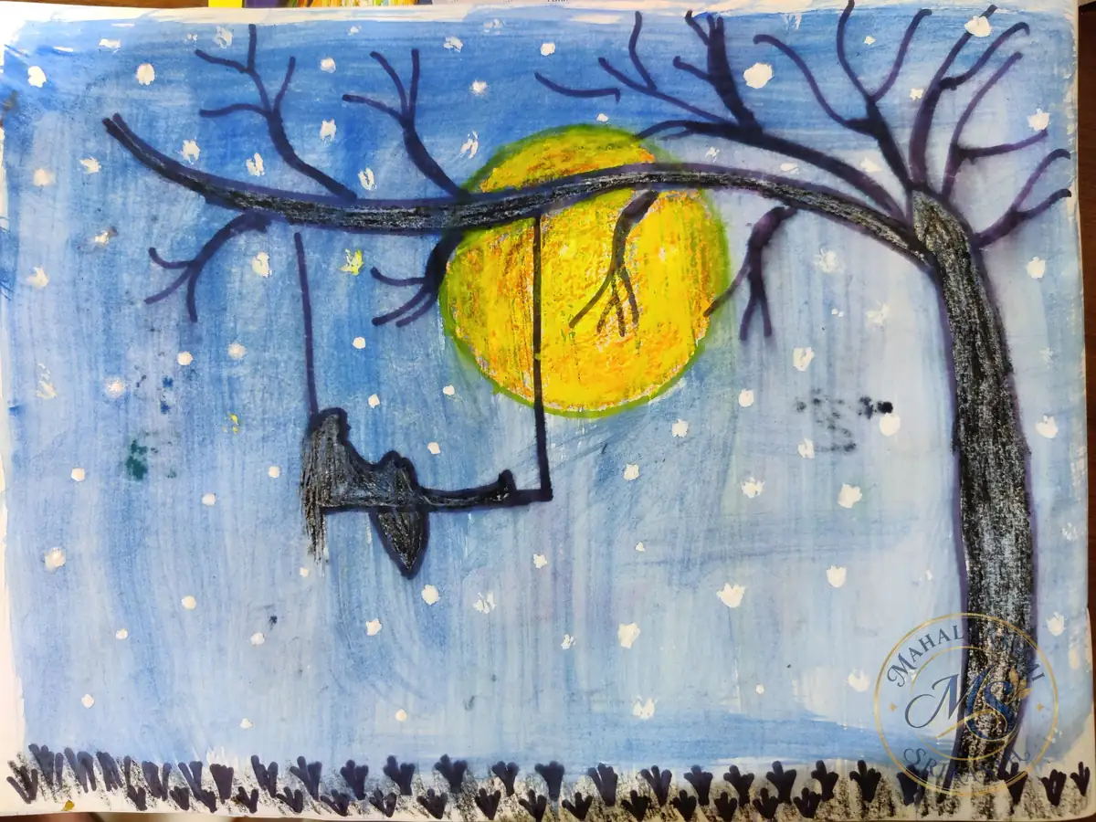 Girl on Swing Under Moon — painting by Mahalakshmi Srikanth