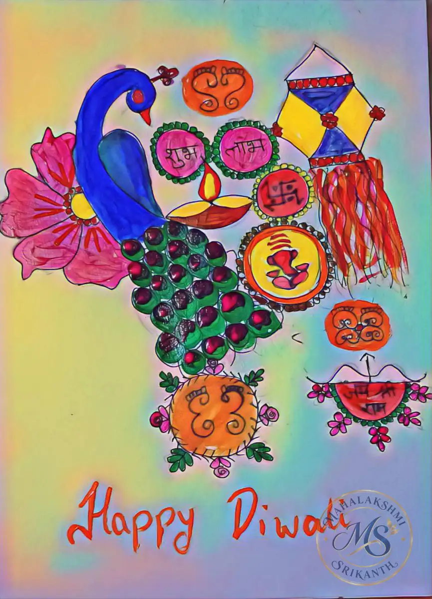 Happy Diwali Peacock And Lanterns — drawing by Mahalakshmi Srikanth