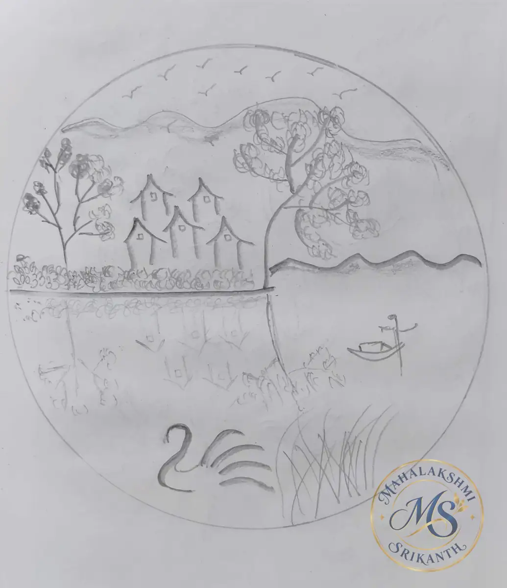 Lake Village Pencil Sketch In Circle — drawing by Mahalakshmi Srikanth
