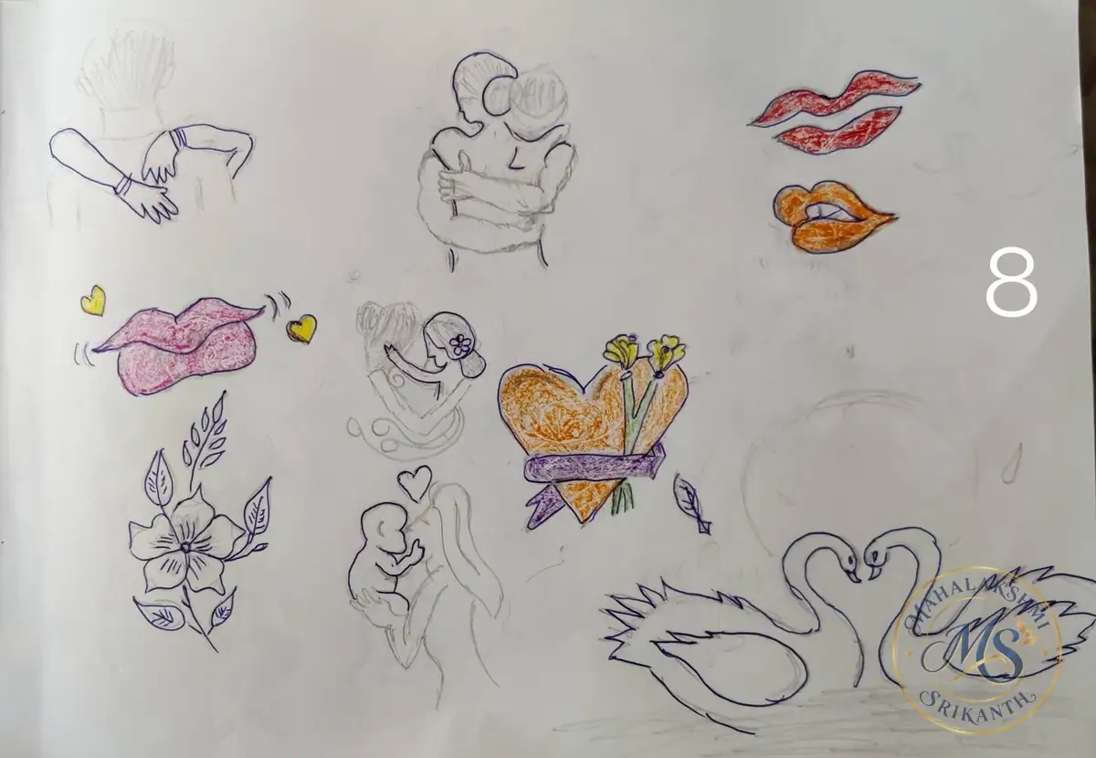 Lips Hearts And Swans Sketchbook Page — drawing by Mahalakshmi Srikanth