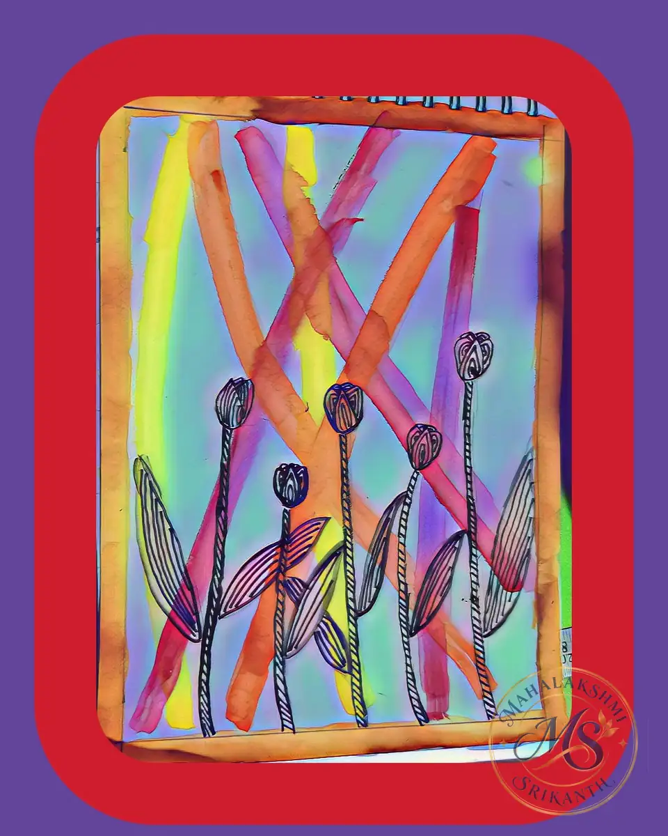 Lotus Buds On Abstract Stripes — painting by Mahalakshmi Srikanth