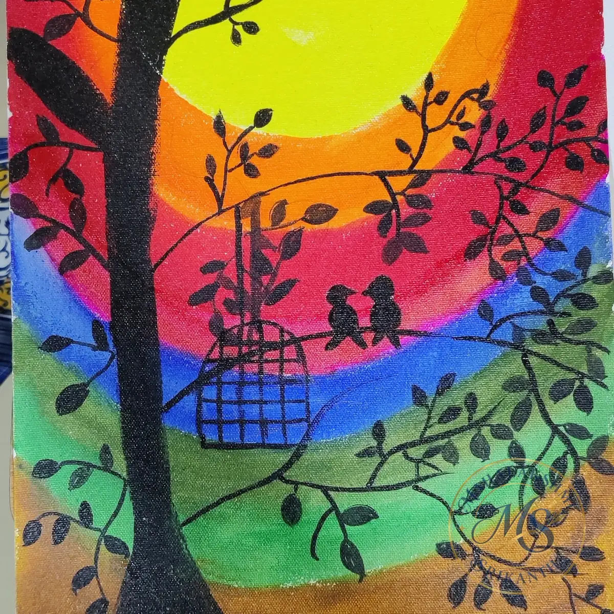 Lovebirds And Cage At Sunset Canvas — painting by Mahalakshmi Srikanth