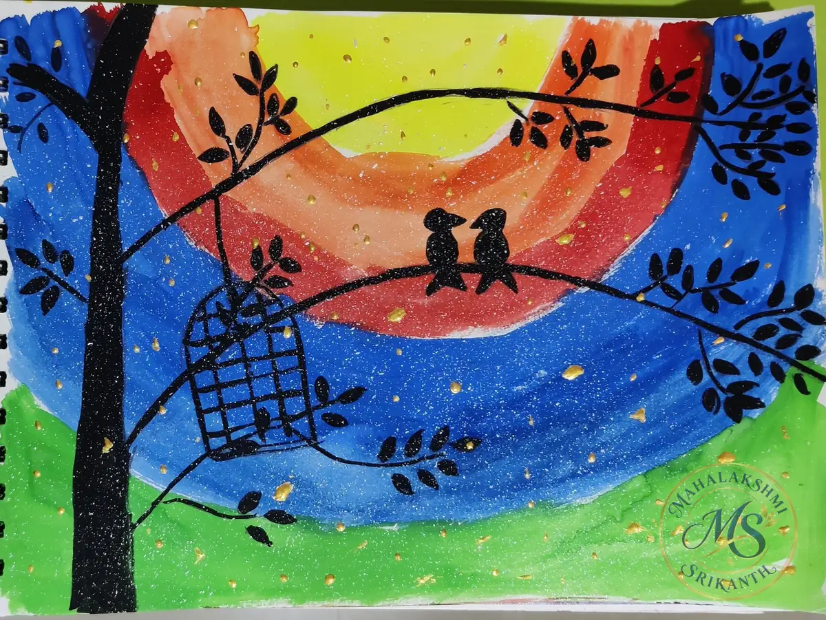 Lovebirds And Cage At Sunset — painting by Mahalakshmi Srikanth