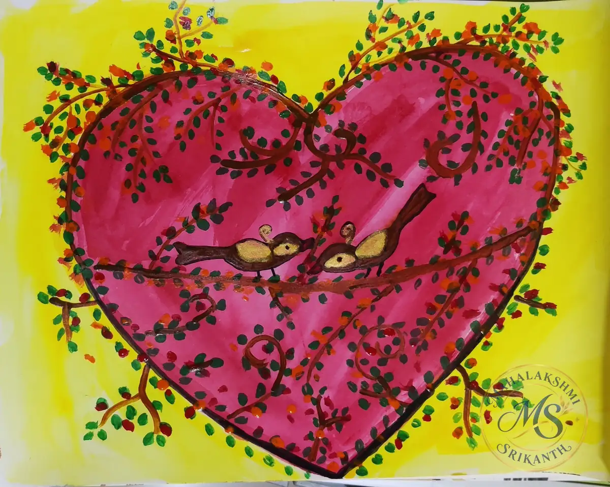 Lovebirds In Heart Tree — painting by Mahalakshmi Srikanth