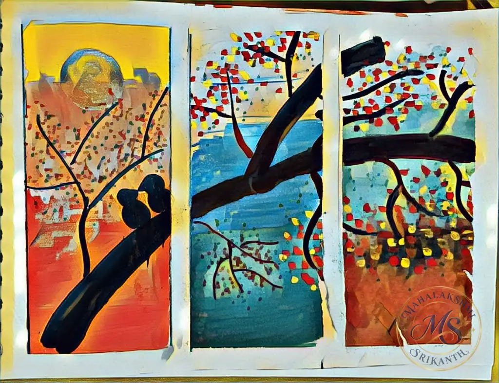 Lovebirds On Branch Triptych — painting by Mahalakshmi Srikanth