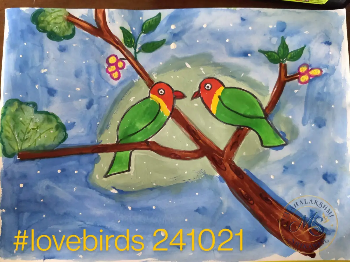 Lovebirds On Branch — painting by Mahalakshmi Srikanth