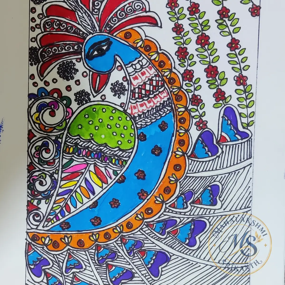 Madhubani Peacock — drawing by Mahalakshmi Srikanth