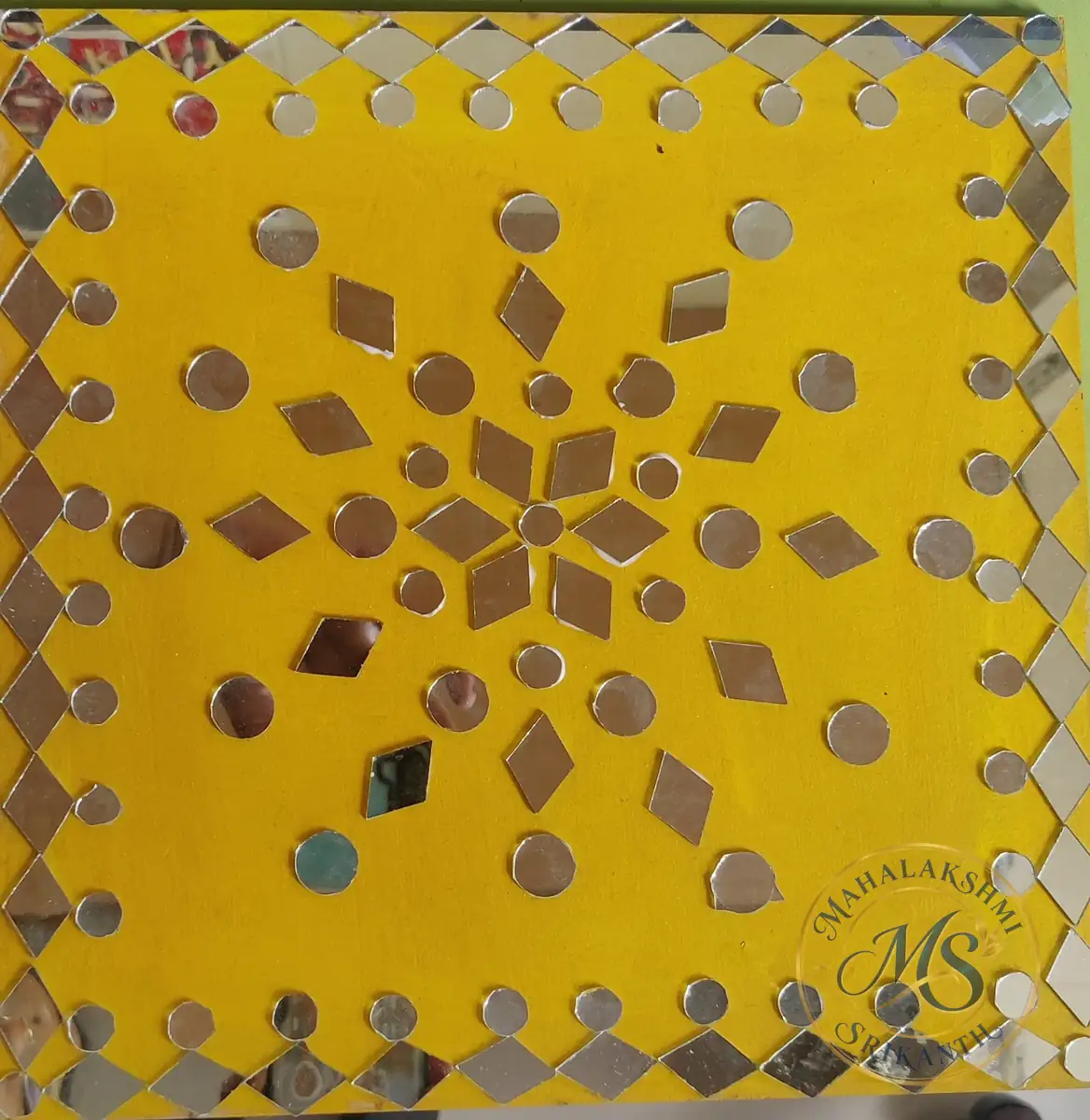 Mirror Work Yellow Square Board — craft by Mahalakshmi Srikanth
