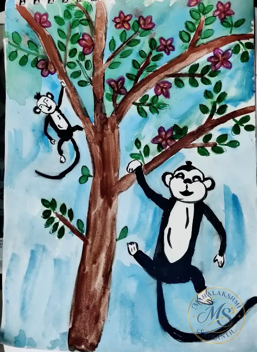 Monkeys On Flowering Tree — painting by Mahalakshmi Srikanth