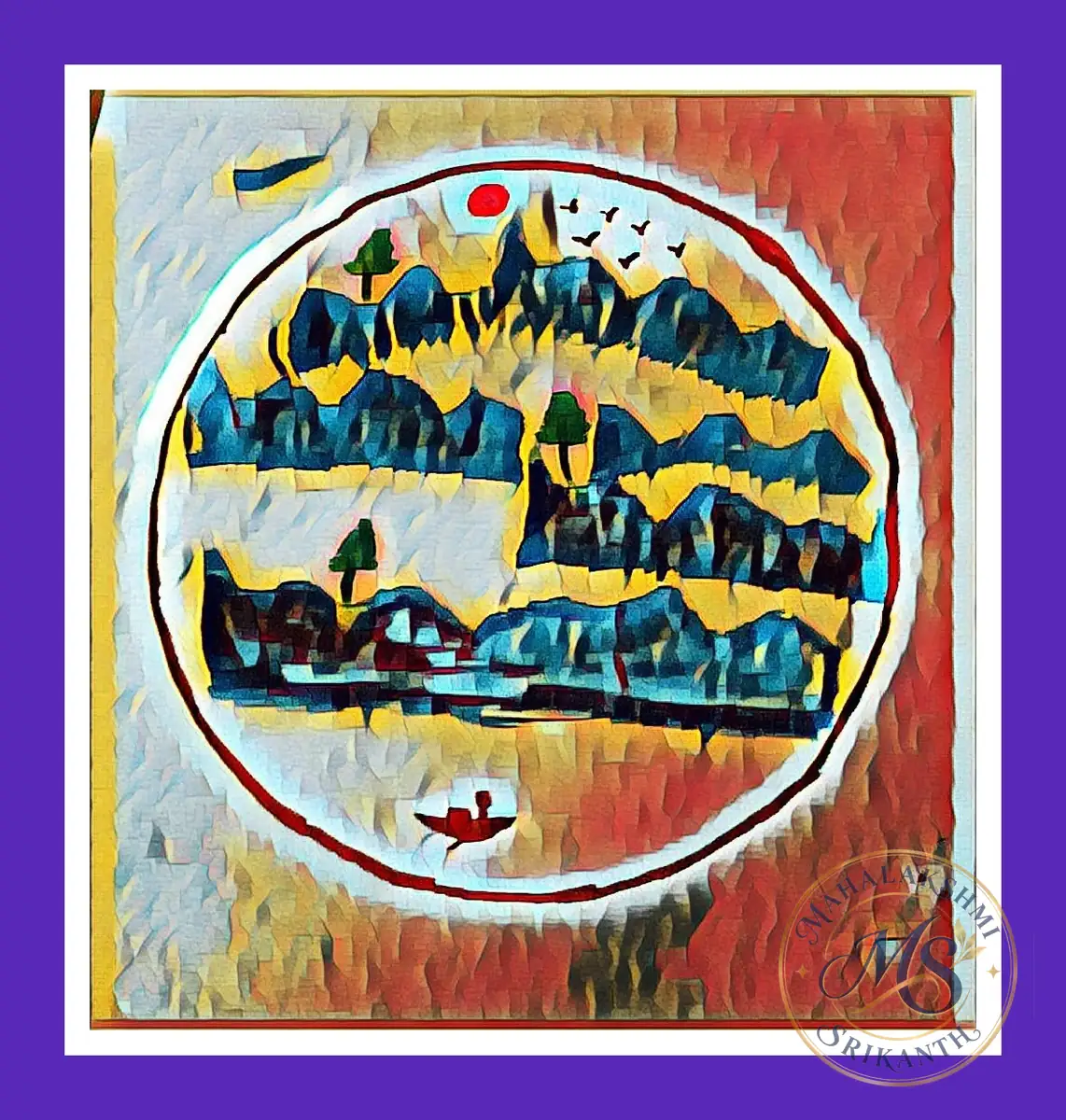 Mountain Lake Landscape In Circle — painting by Mahalakshmi Srikanth