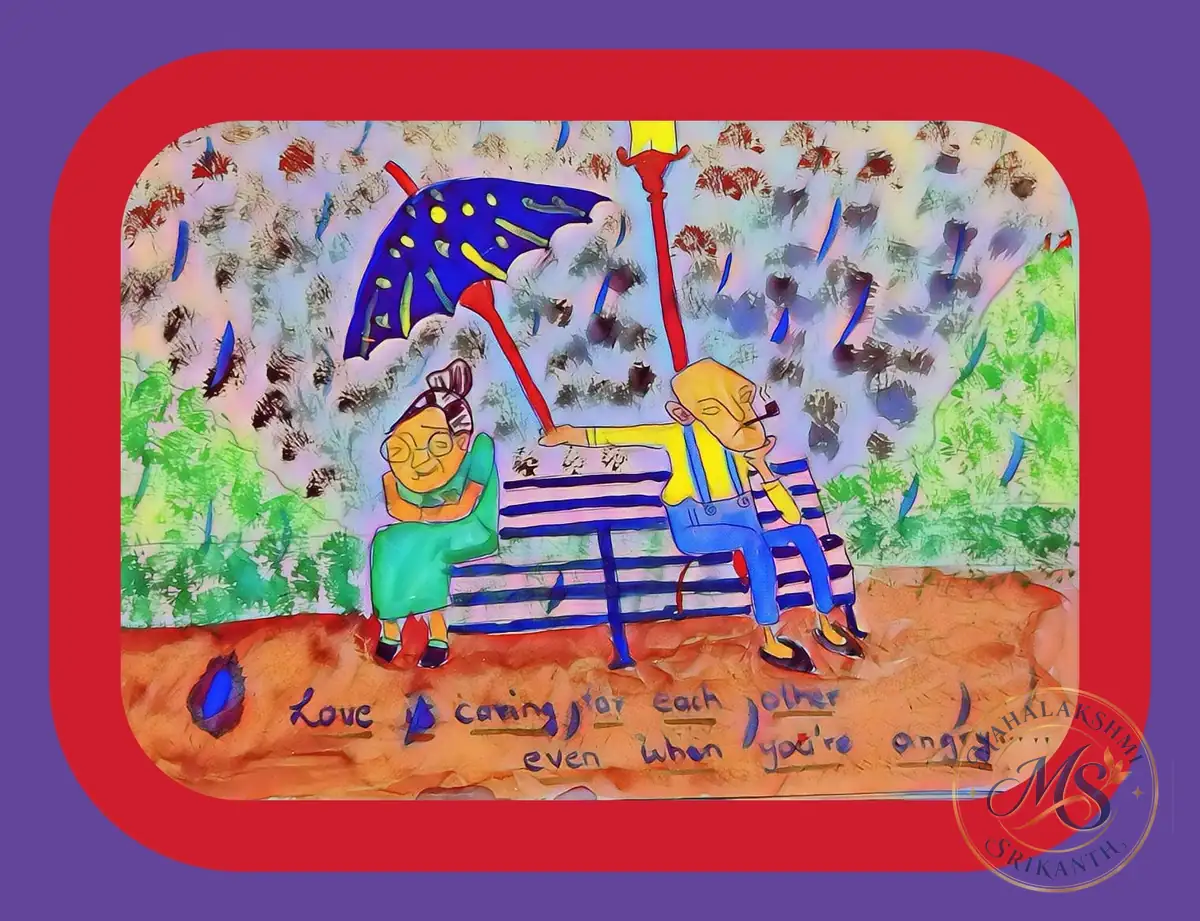 Old Couple On Bench In Rain — painting by Mahalakshmi Srikanth