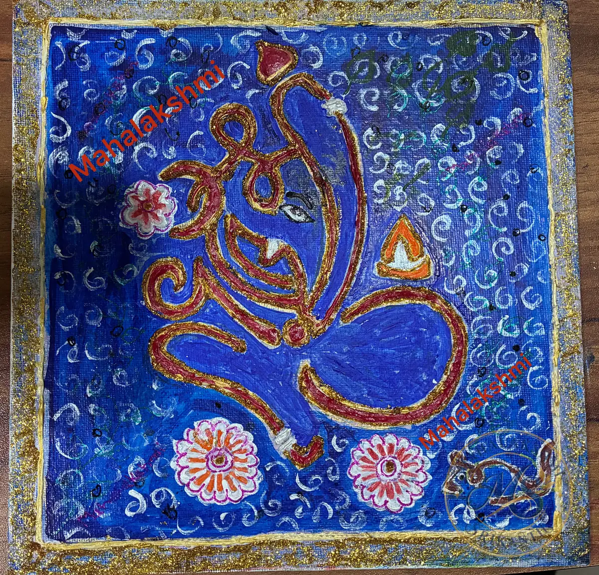 Om Ganesha On Blue Textured Canvas — painting by Mahalakshmi Srikanth
