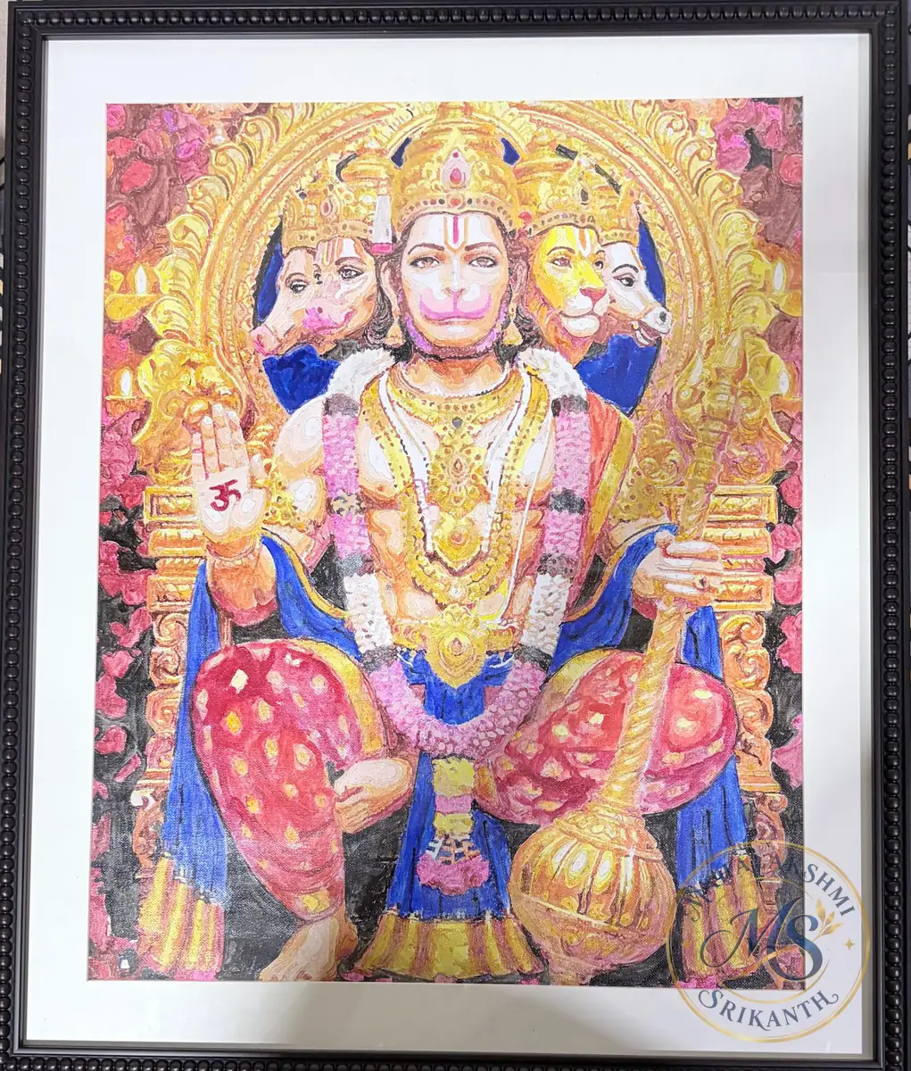 Panchamukhi Hanuman Framed Oil & Acrylic Painting — oil painting by Mahalakshmi Srikanth