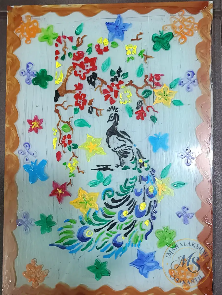 Peacock And Flowers Glass Painting — painting by Mahalakshmi Srikanth