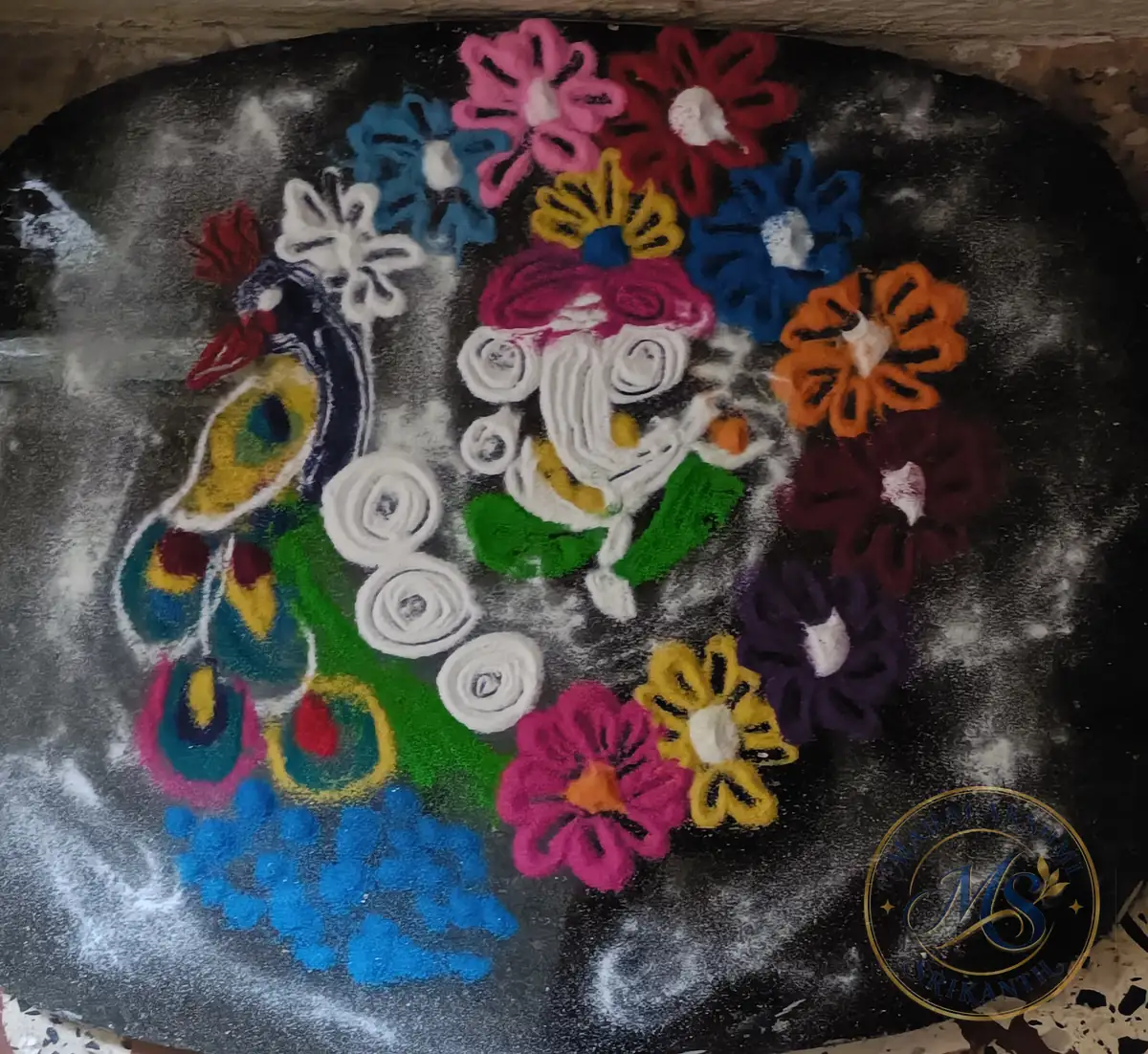 Peacock And Ganesha Flower Rangoli — rangoli by Mahalakshmi Srikanth